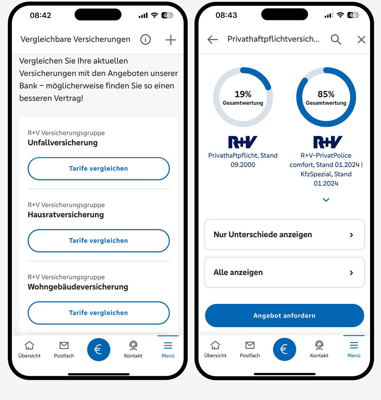 Grafik zeigt zwei Smarthone: links vergleichbare Versicherungen und rechts den Vergleich einer bestehenden/alten Unfallversicherung mit einer aktuellen
