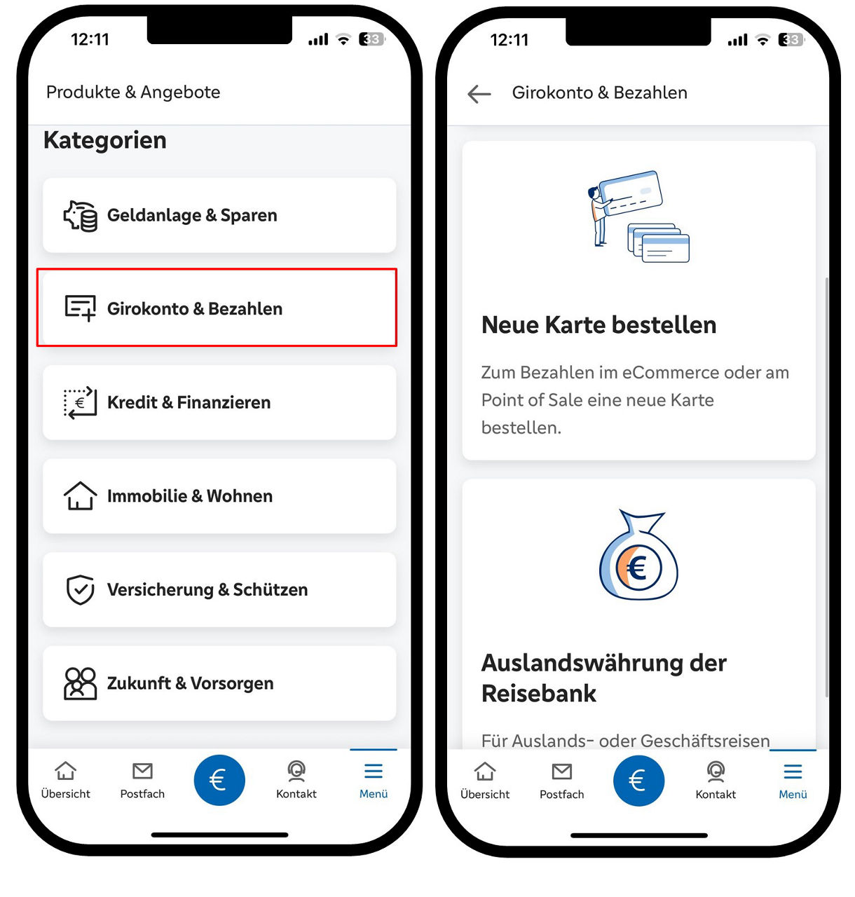 Grafik zeigt zwei Smartphones, das Linke mit dem Produktangebot und den einzelnen Kategorien; das Rechte den Einstieg zur Bestellung einer neuen Kreditkarte