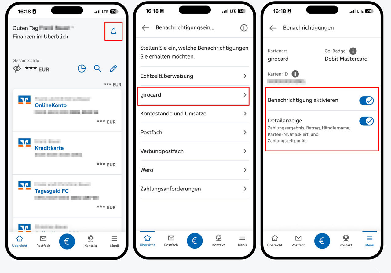 Grafik zeigt drei Smartphone mit der Einrichtung von girocard Benachrichtigungen