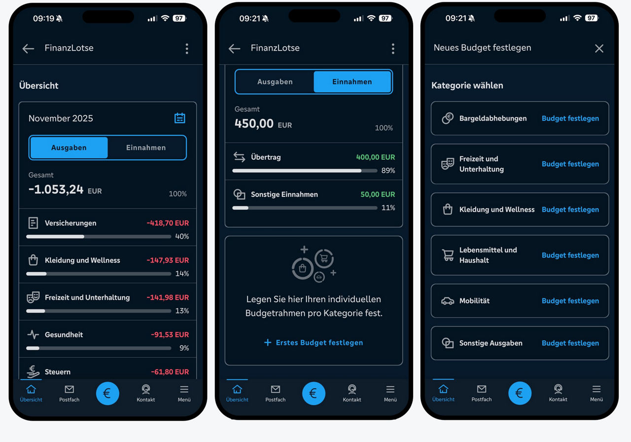 Grafik zeigt drei Smartphone-Abbildungen mit Funktionen vom FinanzLotsen