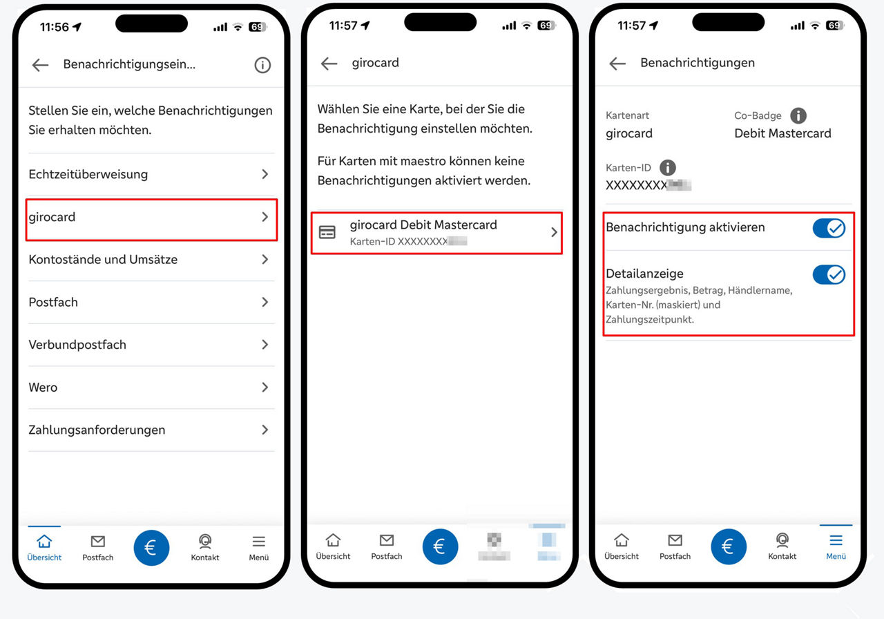 Grafik zeigt drei Smartphones mit den Einstellungen zur girocard Benachrichtigungen