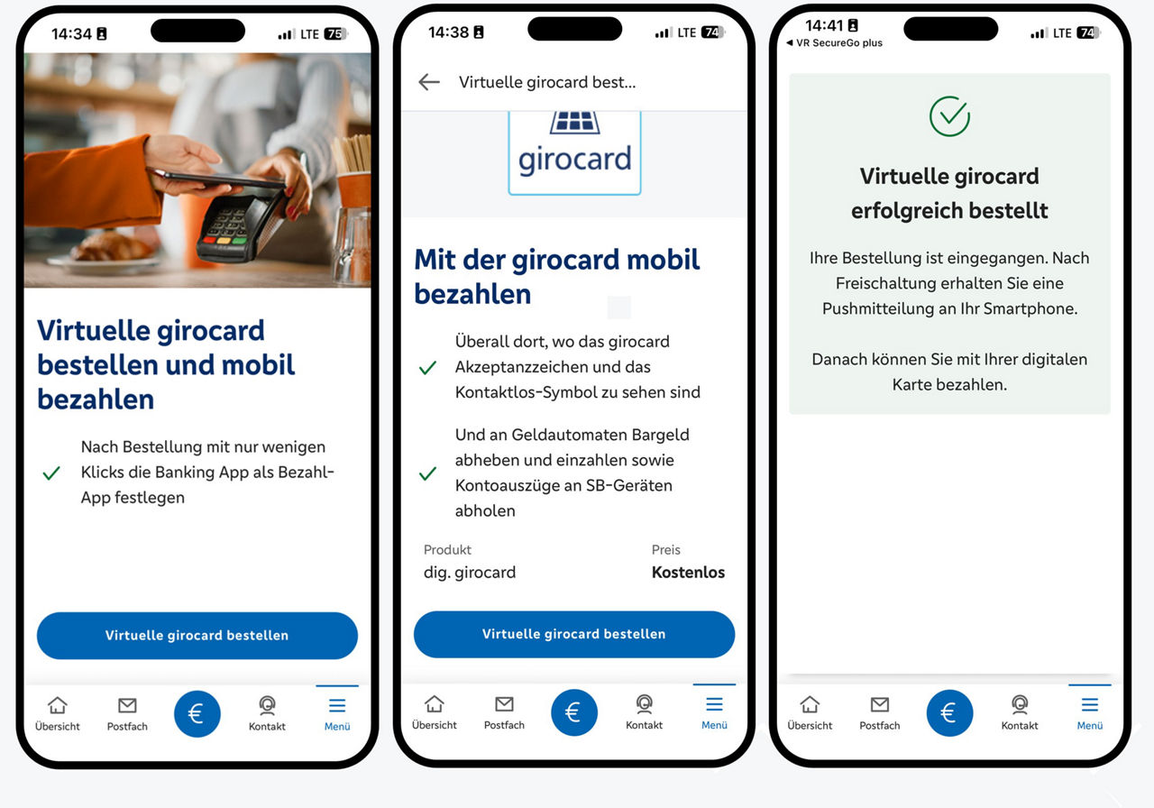 Drei Smartphones zeigen die Bestellstrecke der virtuellen girocard