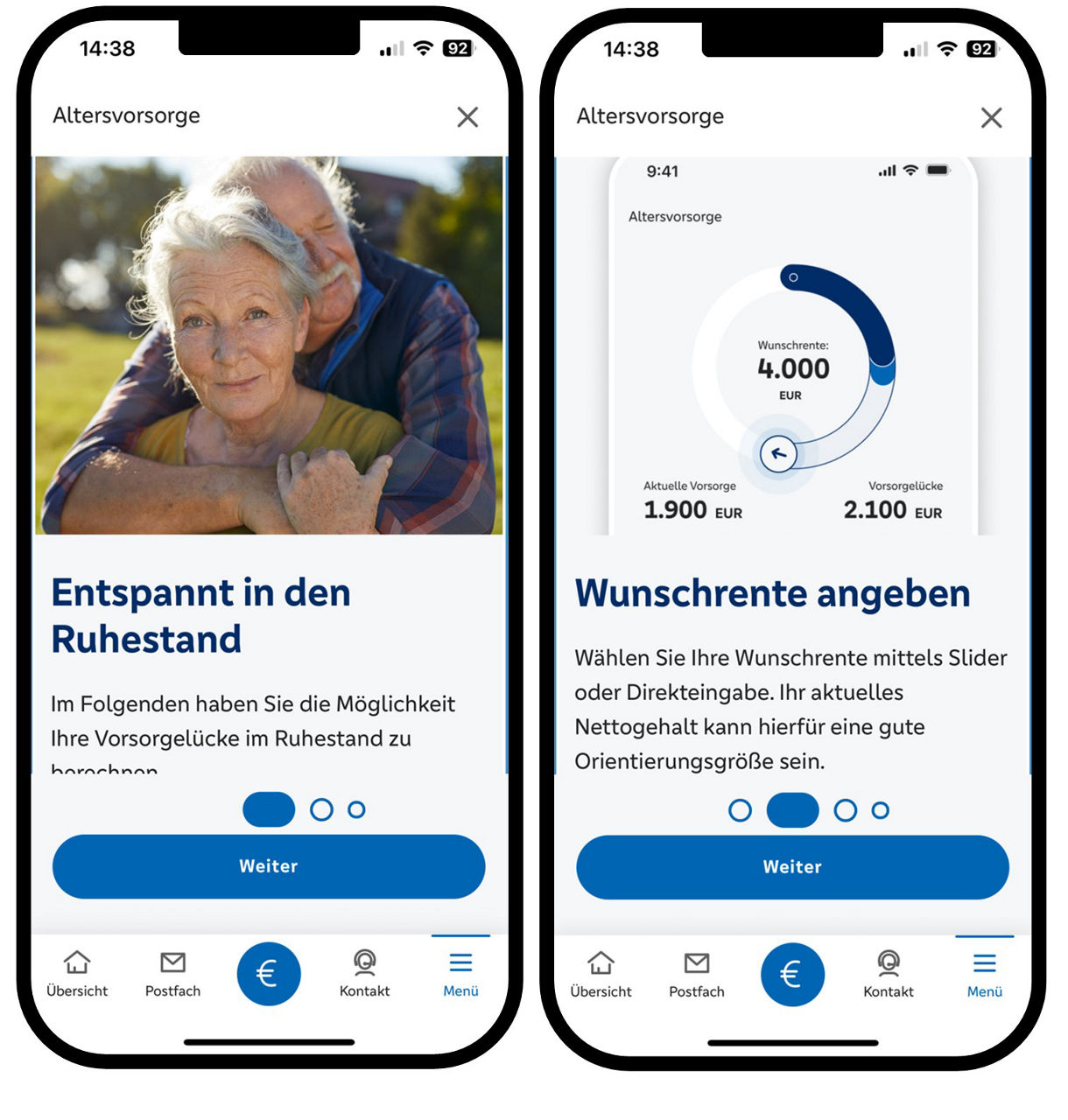 Grafik zeigt zwei Smartphones mit der Selbstberatungsstrecke Altersvorsorge, links ein kurzes Intro, rechts die Info zur Wunschrente