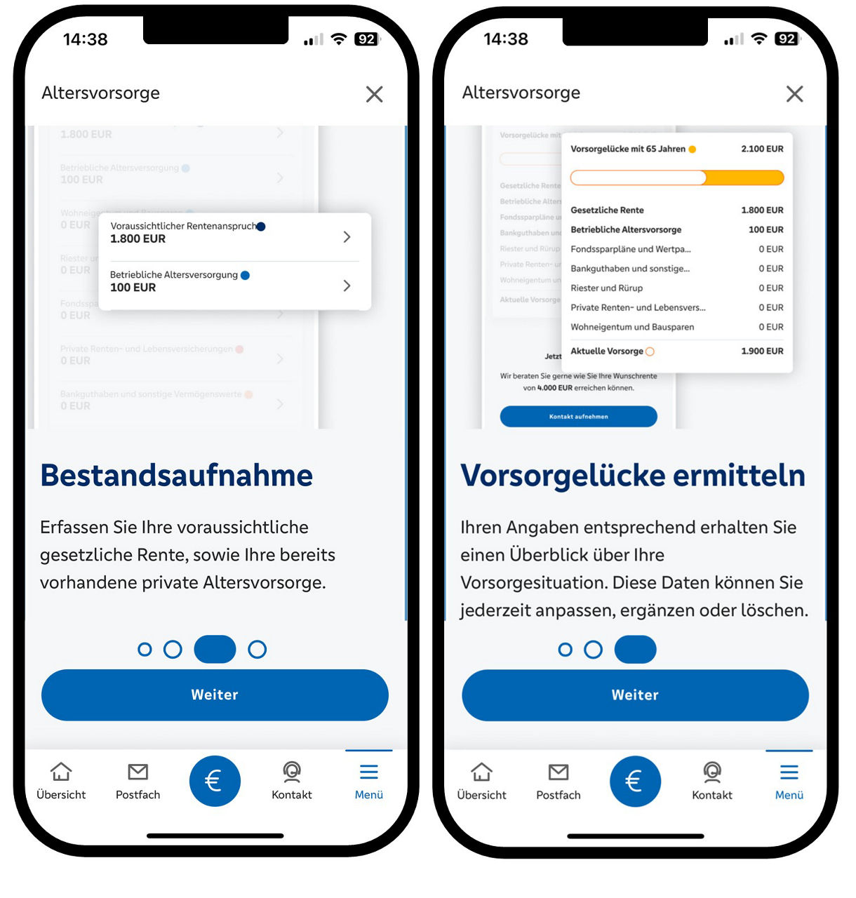Grafik zeigt zwei Smartphones mit der Selbstberatungsstrecke Altersvorsorge, links Infos zur Bestandsaufnahme, rechts die Ermittlung der Vorsorgelücke