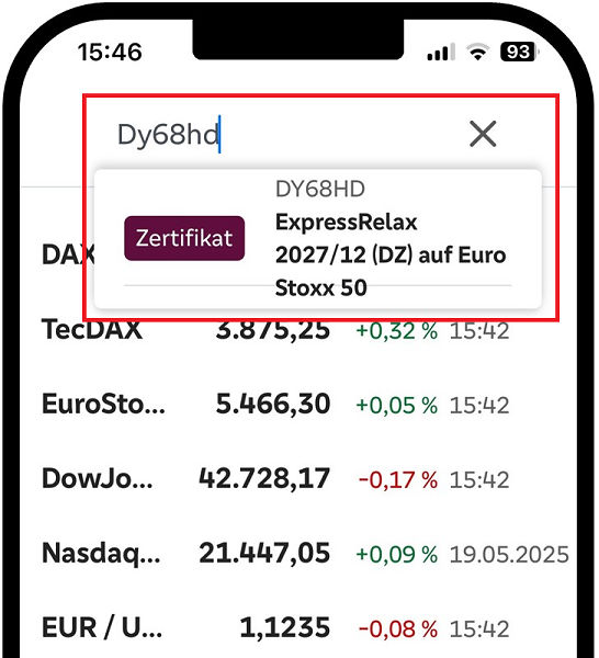 Ausschnitt aus der VR Banking App zeigt die Brokerage-Suche am Beispiel von Zertifikaten