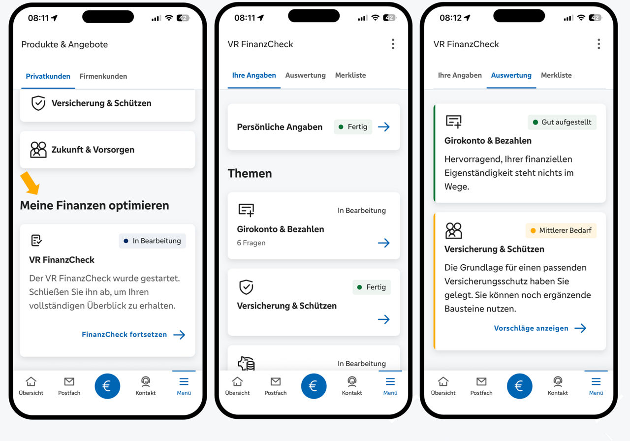 Grafik zeigt drei Smartphones zum FinanzCheck in der VR Banking App