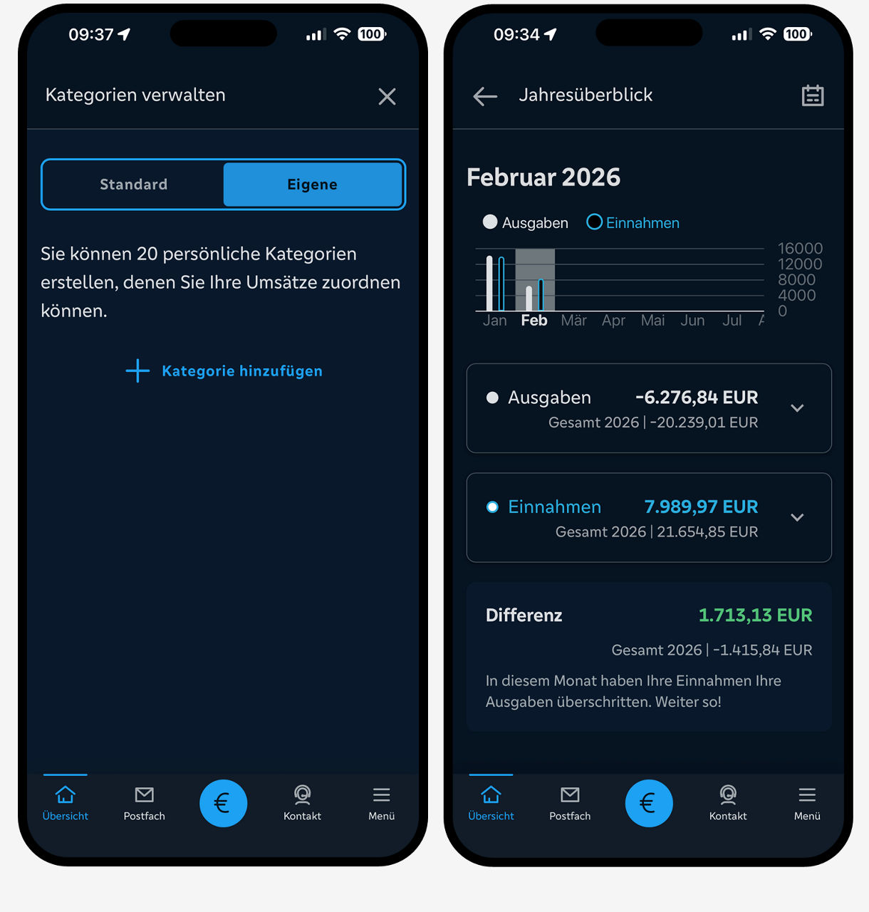 Grafik zeigt zwei Smartphone mit Funktionen Kategorien verwalten und Jahresüberblick im FinanzLosten in der Banking App