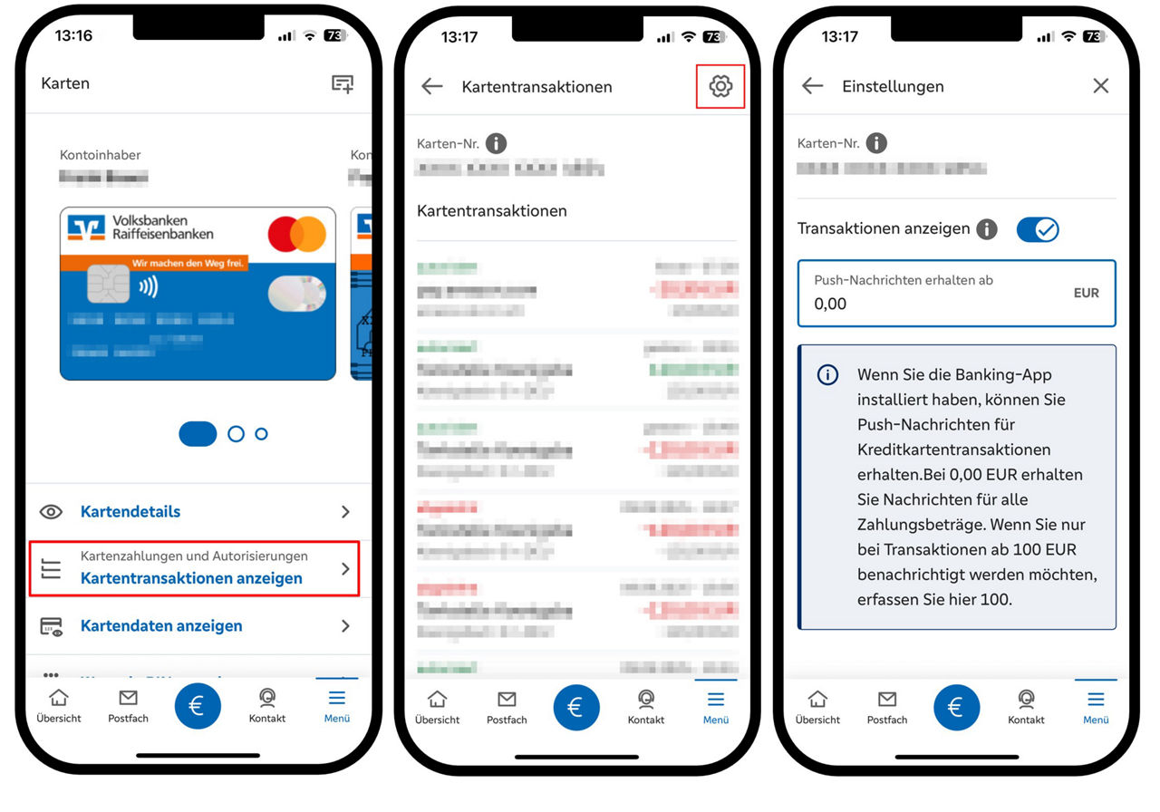 Grafik zeigt drei Smartphones mit den Schritten zur Einrichtung der Kartenbenachrichtigung: Menü > Karten > Kartentransaktionen anzeigen > Einstellung (Rad) > Betrag hinterlegen, ab dem Push-Nachrichten versendet werden