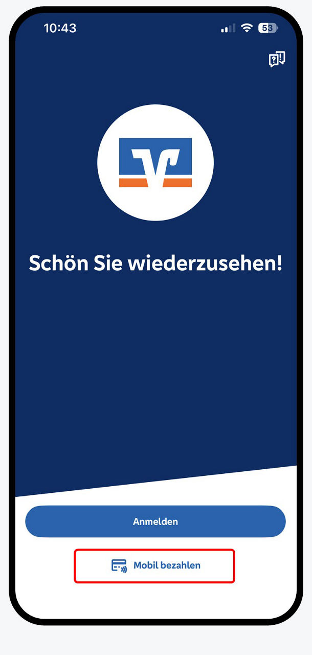 Grafik zeigt Smartphone mit der Einstiegsseite der VR Banking App mit "Anmelden" und "Mobil Bezahlen"