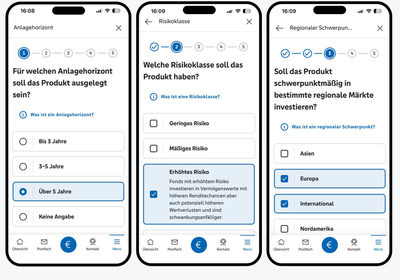Grafik zeigt drei Smartphone mit den ersten drei Fragen im Produktfinder