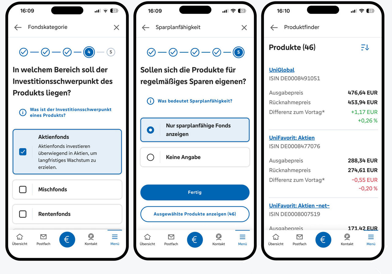 Grafik zeigt drei Smartphone mit zwei Fragen im Produktfinder sowie die ermittelten Produkte
