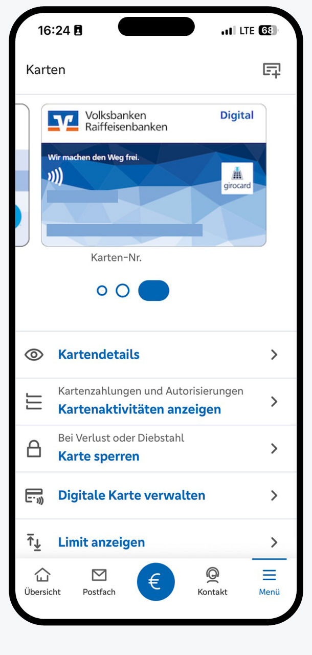 Grafik zeigt Smartphone mit der virtuellen girocard und deren Menü-Funktionen