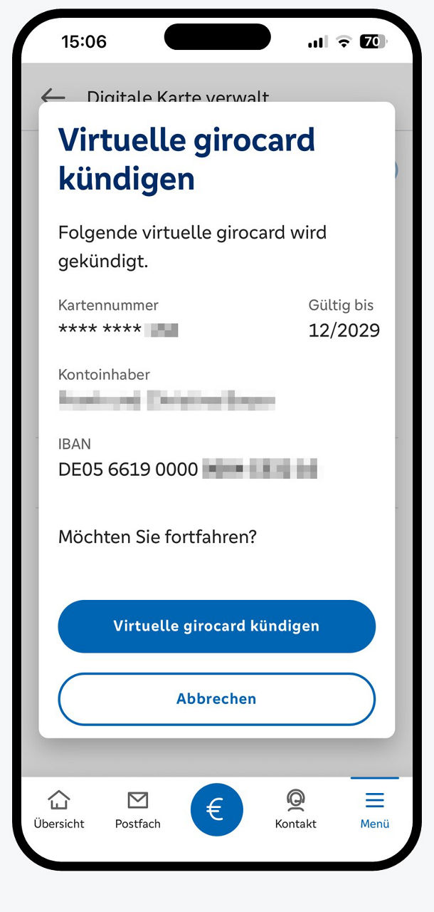 Smartphone zeigt Kündigungsseite der virtuellen girocard