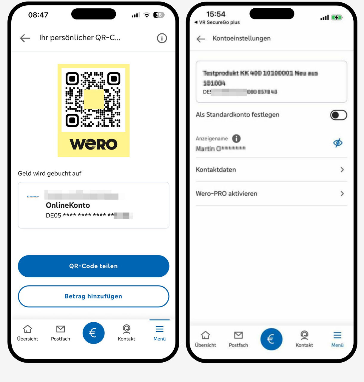 Grafik zeigt zwei Smartphones, das Linke mit dem Wero-QR-Code zum teilen und das Rechte, mit den Kontoeinstellungen von Wero