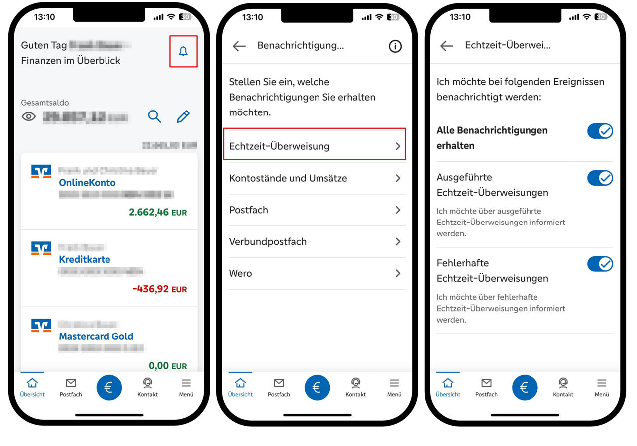 Benachrichtigungsservice Echtzeitüberweisungen aktivieren, anhand drei Smartphone-Screenshots werden die Prozessschritte gezeigt