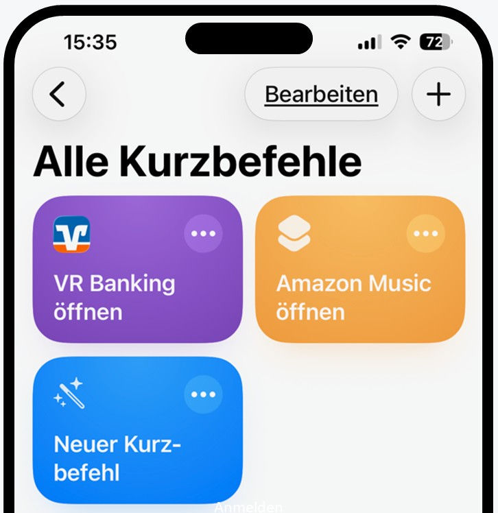 Grafik zeigt Ausschnitte eines Smarthone mit den Kurzbefehlen, u.a.. VR Banking öffnen