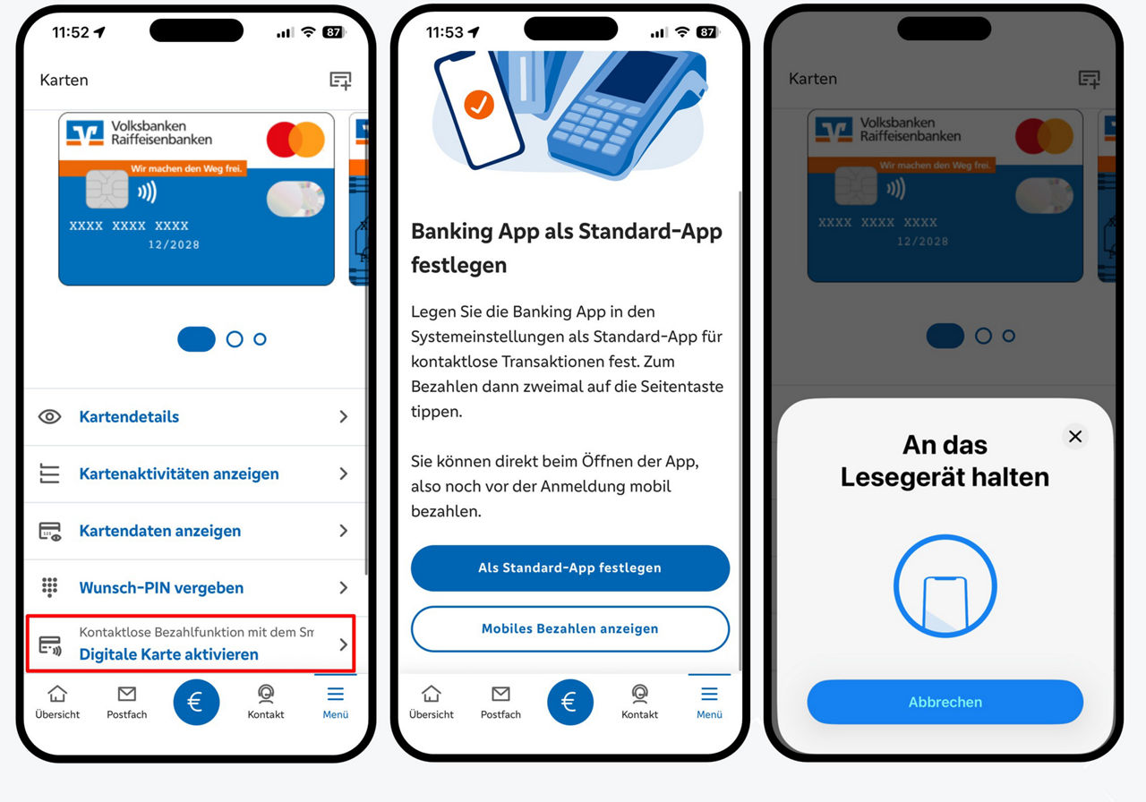 Grafik zeigt drei Smartphone; v.l.n.r., Menü und Aufruf "Digitale Karte aktivieren", Banking App als Standard-App festlegen und aktivierte Funktion zum Bezahlen an der Kasse