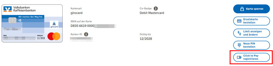 Grafik zeigt Ausschnitt der Kartenübersicht aus dem OnlineBanking; umrahmt ist der Button "Click to pay registrieren"