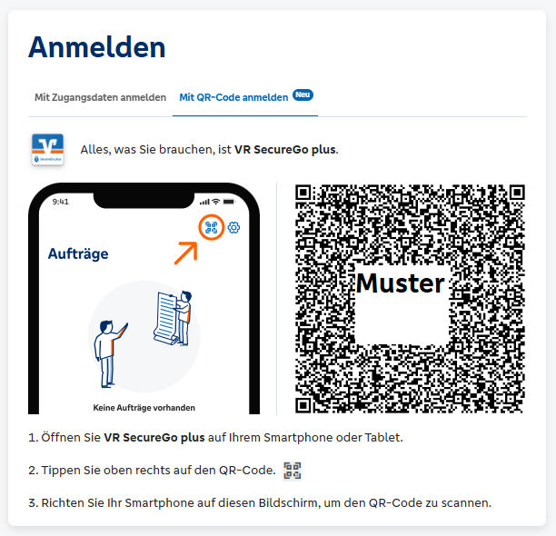 Skizze zeigt Anmeldung mit QR-Code in Verbindung mit der App VR SecureGo plus