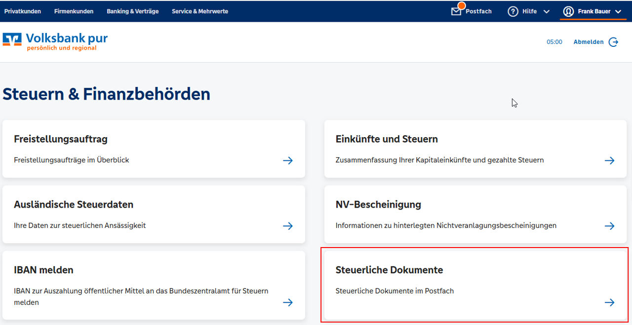 Ansicht zeigt Ausschnitt aus dem OnlineBanking zu Steuern & Finanzbehörden, Rubrik Steuerliche Dokumente ist hervorgehoben