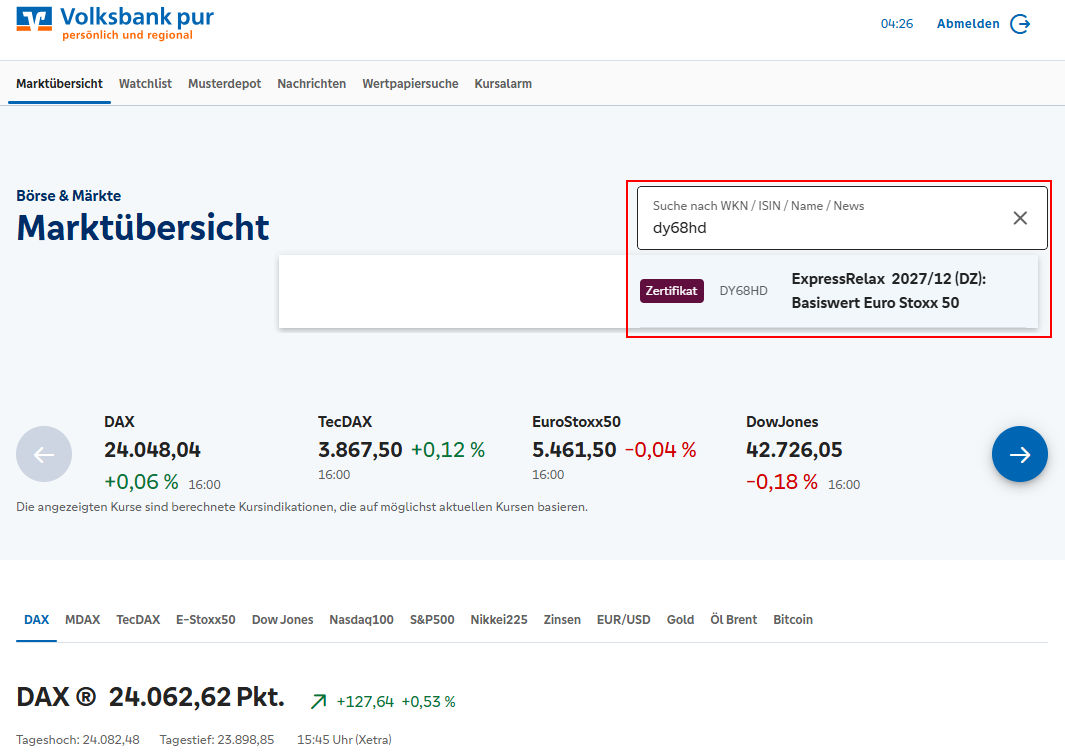 Ausschnitt aus dem OnlineBanking zeigt die Brokerage-Suche am Beispiel von Zertifikaten