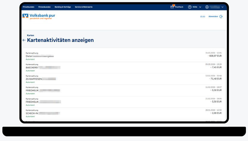 Grafik zeigt Laptop mit Kartenaktivitäten im OnlineBanking