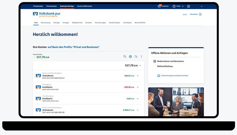 Grafik zeigt Laptop mit der Kontenübersicht im OnlineBanking