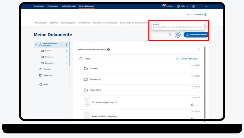 Grafik zeigt Laptop mit dem Einstieg in die Tutorials der Rubrik Meine Dokumente