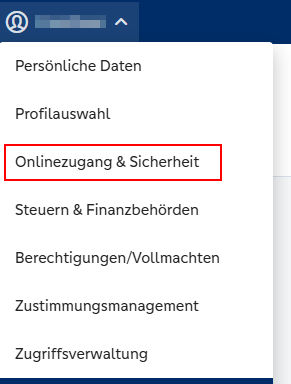 Ausschnitt aus der VR Banking App zeigt die Menüpunkt im persönlichen Bereich, Onlinezugang & Sicherheit ist rot eingerahmt