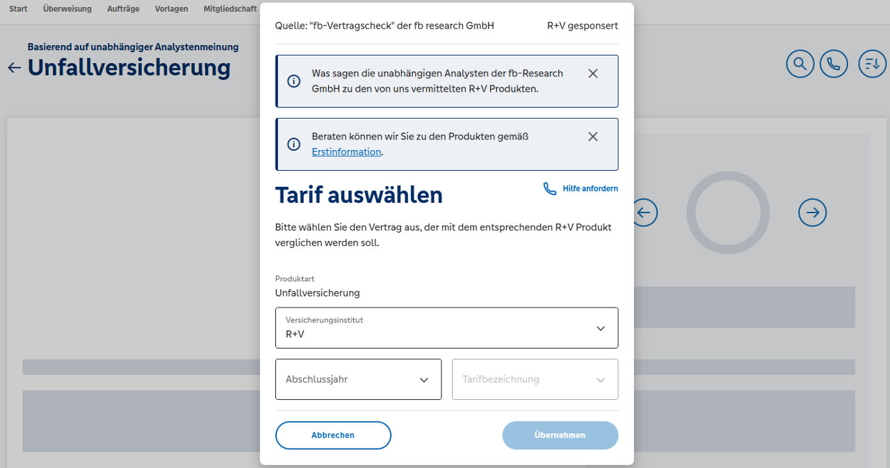 Versicherungsvergleich Tarif auswählen in R+V Bancassurance