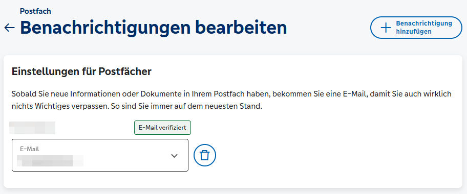 Benachrichtigungsservice Postfach Bank: E-Mail-Adresse verifiziert
