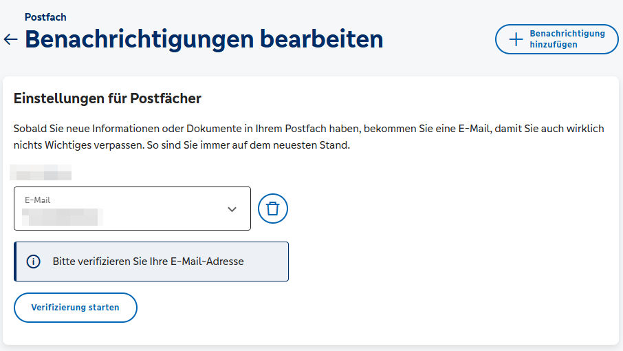 Benachrichtigungsservice Postfach Bank: E-Mail-Verifizierung starten