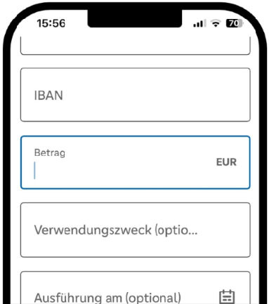 Ausschnitt eines Smartphone zeigt das Eingabefeld "Betrag" einer Überweisung in der VR Banking App