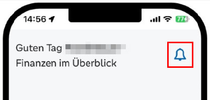 Skizze zeigt Symbol der Glocke als Funktionsaufruf des Benachrichtigungsservice in der VR Banking App