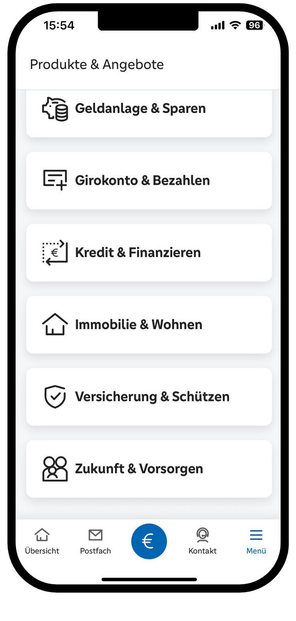 Grafik zeigt VR Banking App mit dem Menü der Produkte & Angebote