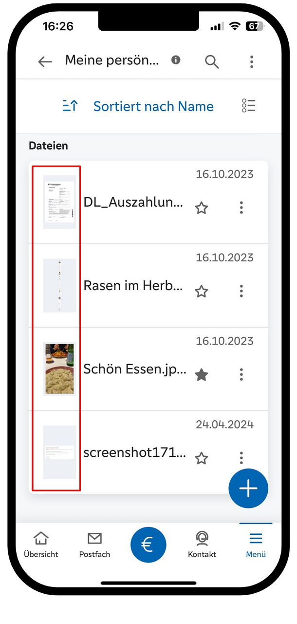 Smartphone zeigt die Übersichtsseite Meine Dokumente mit Vorschaubildern und rechts daneben die Dateinamen