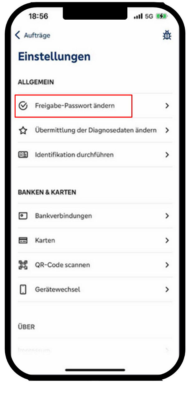 Smartphone-Ansicht zeigt die Einstellungen der VR SecureGo plus App mit dem Menüpunkt "Freigabe-Passwort ändern"