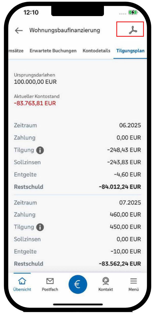 Smartphone mit der Ansicht einer Wohnungsbaufinanzierung mit dem PDF-Symbol rechts oben zur Druckfunktion
