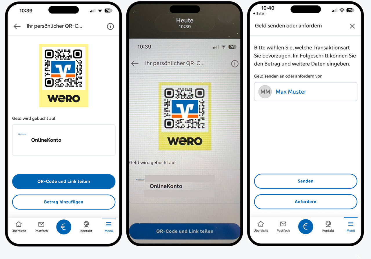 In drei Grafiken wird die Funktion QR-Code teilen dargestellt
