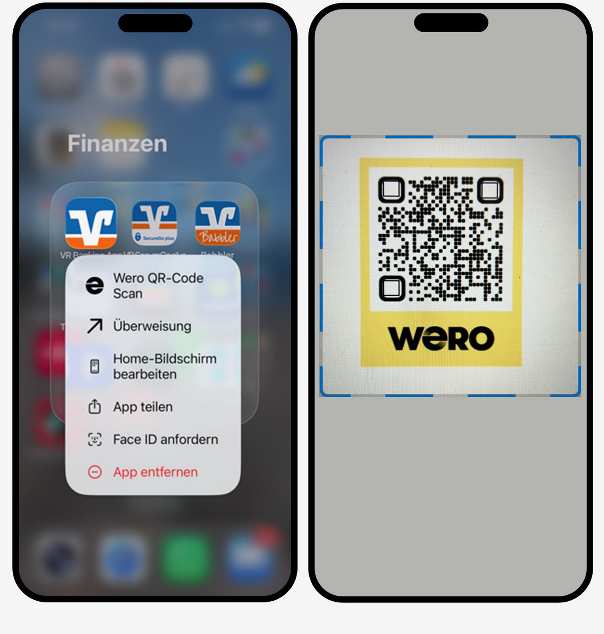 Grafik zeigt zwei Smartphone, links die Long-Press-Funktion und das Menü, rechts den QR-Code zum scannen
