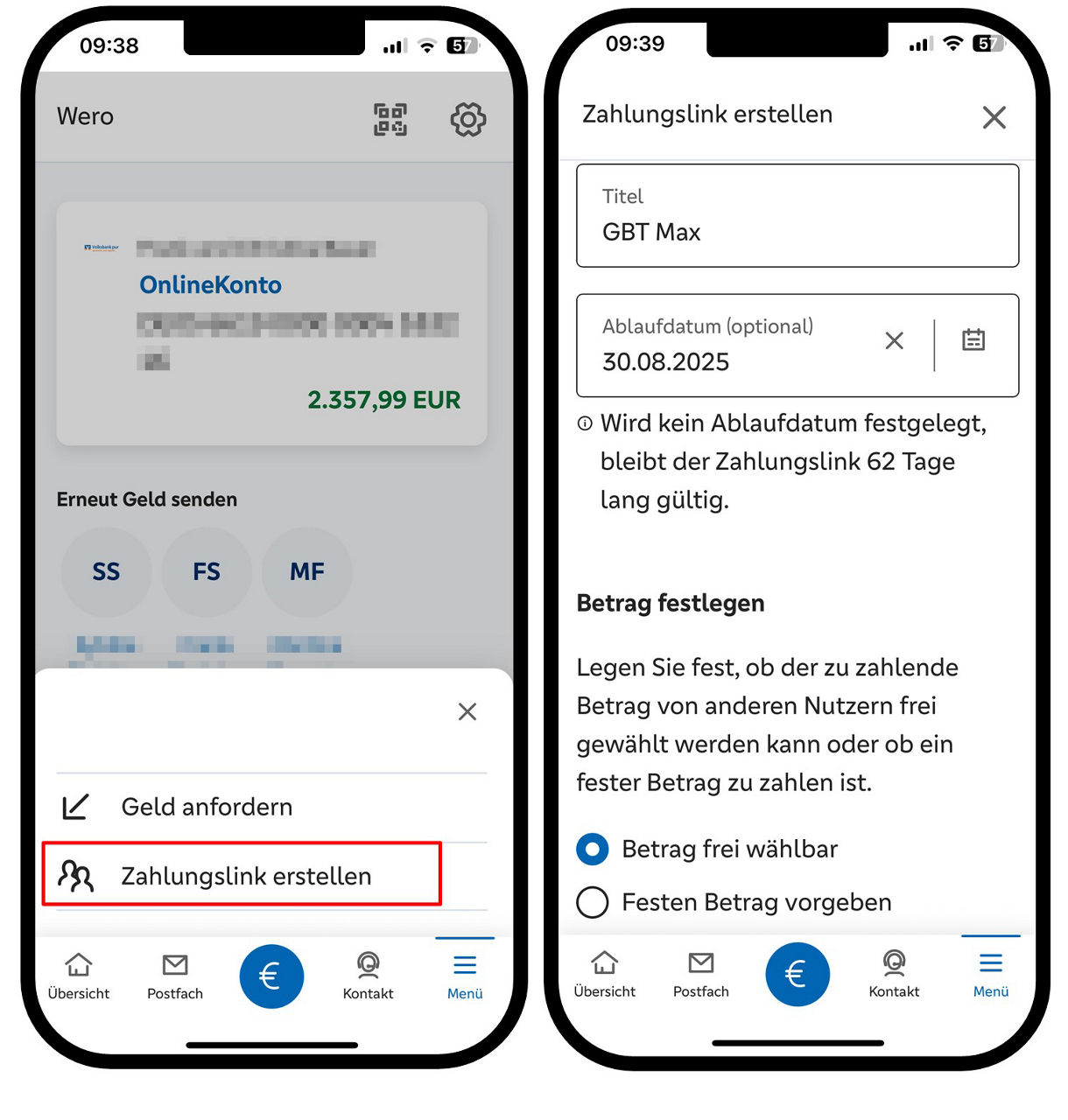 Grafik zeigt wie ein Zahlungslink erstellt werden kann; im linken Smartphone der Aufruf "Zahlungslink erstellen" und im rechten die Eingabeoptionen Titel, Ablaufdatum und Betrag festlegen