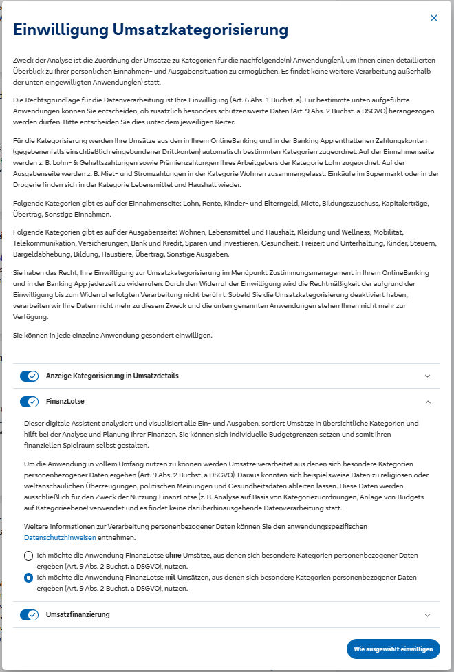 Grafik zeigt den Text zur Einwilligung Finanzlotse