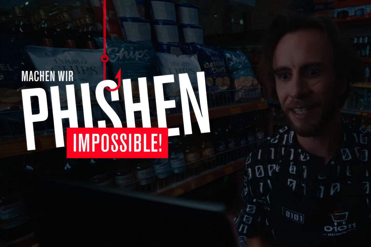 Machen wir PHISHEN IMPOSSIBLE auf dunklem Hintergrund wo zwielichtige Person steht mit 0 und 1 auf dem Hemd 