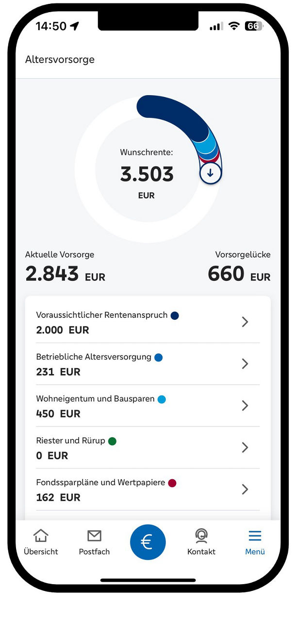 Grafik zeigt Smartphone mit der Funktion "Altersvorsorgeberatung" in der VR Banking App