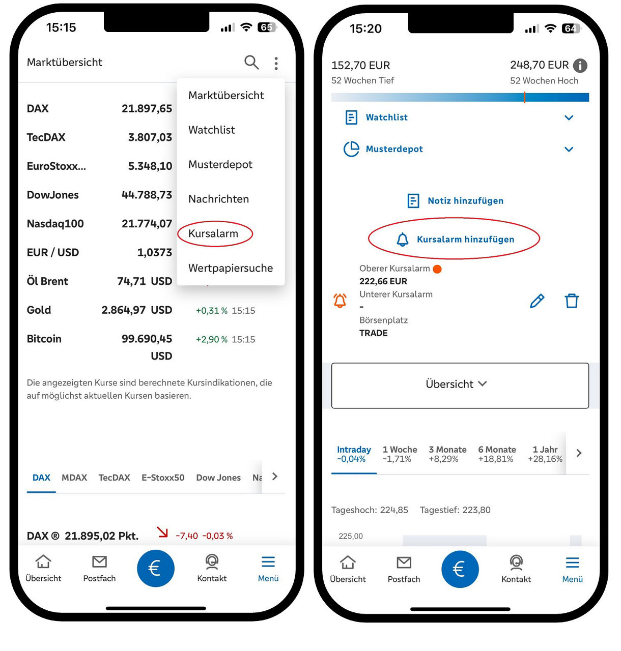 Grafik zeigt zwei Smartphones mit der Funktion "Kursalarm" in der VR Banking App