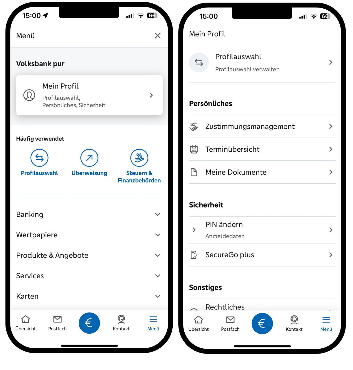 Grafik zeigt zwei Smartphones mit den Funktionen unter "Mein Profil" in der VR Banking App