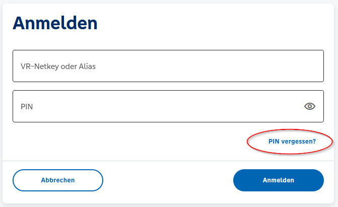 Grafik zeigt Aufruf der Funktion PIN vergessen auf der Anmeldeseite vom OnlineBanking