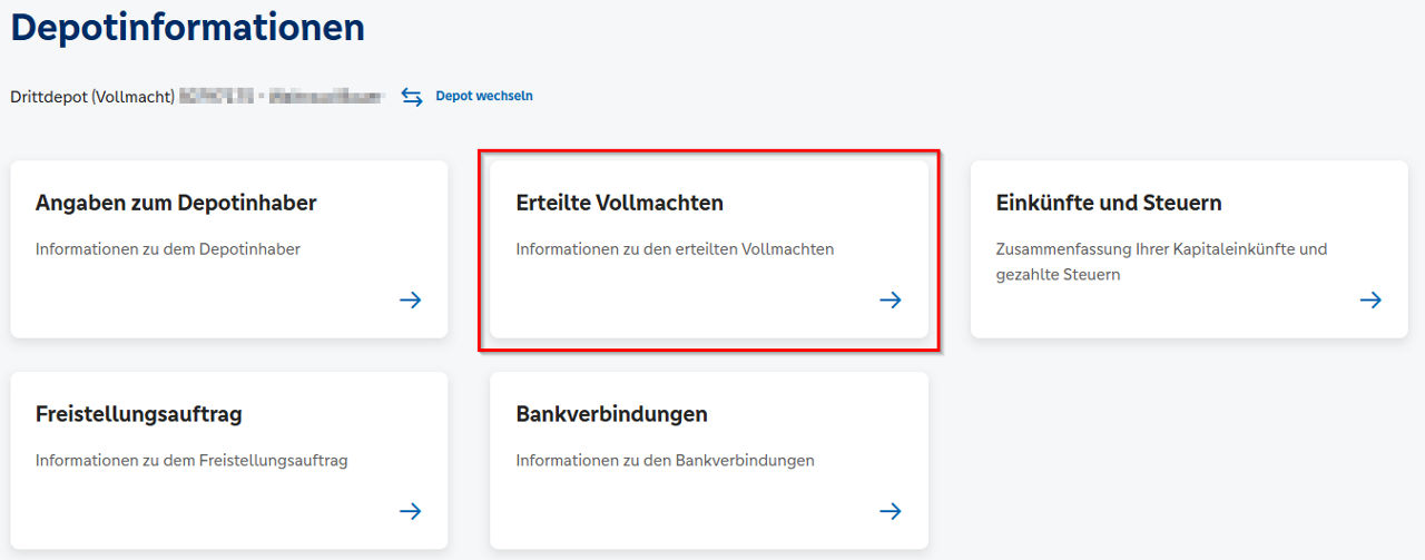 Grafik zeigt Aufruf der Funktion "Erteilte Vollmachten" im UnionDepot im OnlineBanking