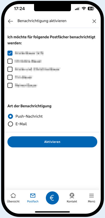 Smartphone zeigt die Hinterlegung der E-Mail-Adresse für den Benachrichtigungsservice Postfach in der VR Banking App
