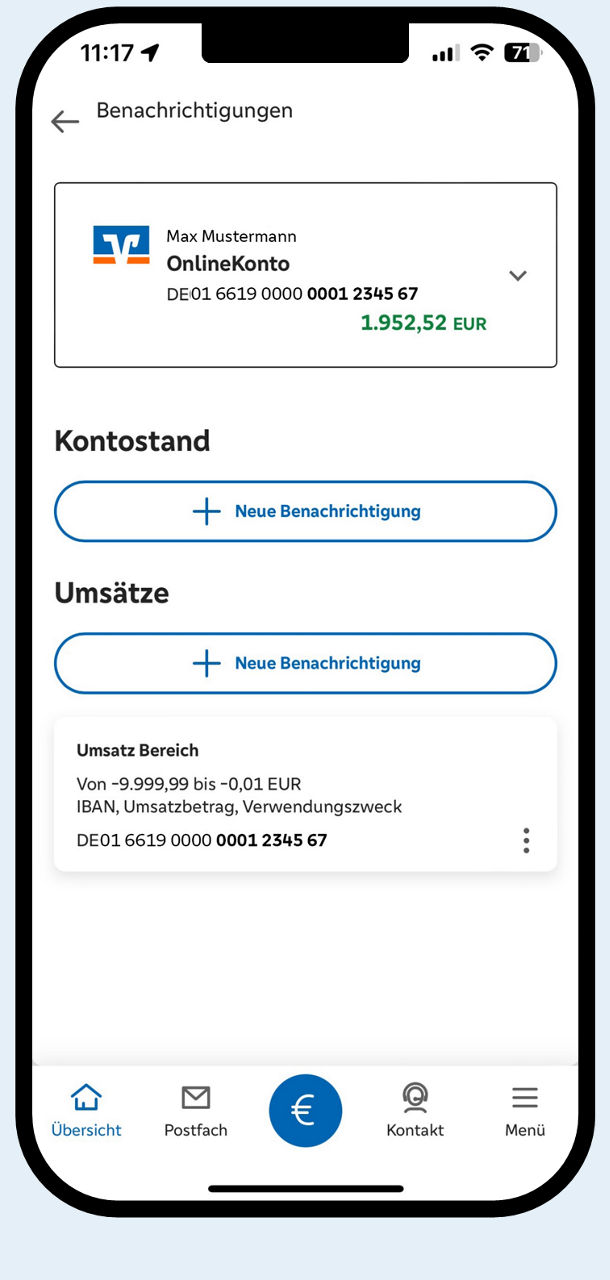 Smartphone zeigt Funktion des Benachrichtigungsservice in der VR Banking App